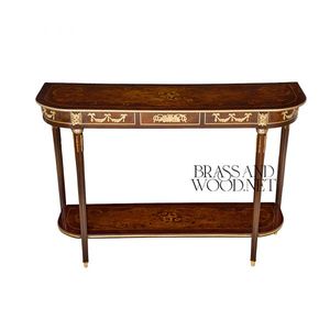 Mesa Consola Clásica de Dos Niveles con Incrustaciones de Madera y Elegantes Detalles de Latón, Consola de Lujo para Entrada, Pasillo o Sala de Estar - Product Image 1