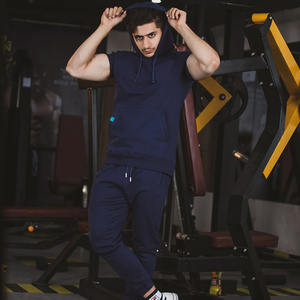 Conjunto de chándal de verano de algodón 100% azul hecho en fábrica para hombre, camiseta con capucha para hombre, conjunto de pantalones para correr a la venta a granel - Product Image 5