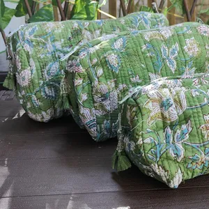 Sage màu xanh lá cây Toilette túi, Ấn Độ khối in bông trang điểm túi, đi du lịch vệ sinh mặt hàng lưu trữ túi các nhà sản xuất rjviat