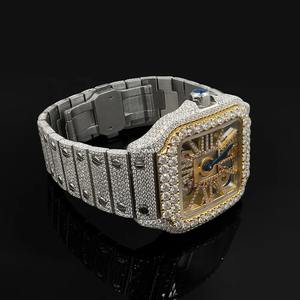 Montre en acier inoxydable avec mouvement à quartz, diamants en moissanite, cadran en verre, bracelet en or jaune, clarté VVS, élève le luxe et la mode - Product Image 2