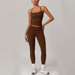 Conjuntos de entrenamiento de alta calidad para mujer, camiseta sin mangas con espalda cruzada de dos piezas, conjuntos de mallas de cintura alta a juego, trajes de gimnasio, ropa de trabajo - Product Image 5