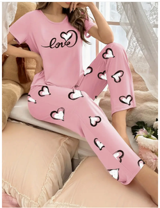 Bas prix Ensemble pyjama imprimé pour femmes Haut à manches courtes et col rond et pantalon à ceinture élastique Vêtements de nuit et vêtements de détente - Product Image 2