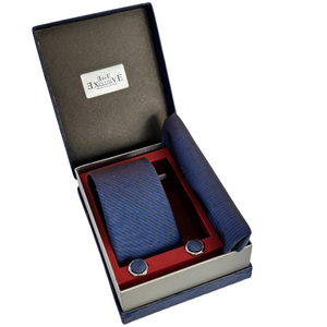 Blue <b>Navy</b> Striped Woven <b>Tie</b> Pocket Square Cufflink Set in Gift PU Leather Box <b>Navy</b> Blue False Collar Accessories - Product Image 2