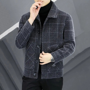 Veste d'hiver en laine à col pour hommes, manteau de costume coupe ajustée à la mode, veste coréenne décontractée à carreaux avec plusieurs poches, vestes pour hommes, vente en gros - Product Image 1