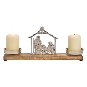 Classic Designer Aluminium Silver Scene With Solid Mango Wooden Base <b>Christmas</b> <b>Decoration</b> Candle Holder Eco-Friendly Home <b>Table</b> - Product Image 1