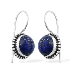 Natural Lapis Gemstone Cabochon Opaque Stone Boho Earring 925 Antique Solid Silver Simple Earring