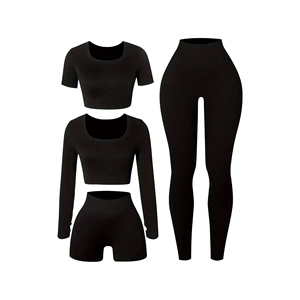 Ensemble de yoga sans couture 4 pièces pour femmes High Street Professional Factory Made Gym Sports Wear Solid Top & Bottoms Short Length Tops - Product Image 1