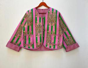 Veste matelassée pour femme imprimé tigre block-imprimé Style Boho manteau fait main avec bouton plus proche hiver tissu tissé cadeau de vacances - Product Image 1