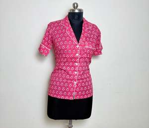 <b>Womens</b> Pink Floral Print Cotton <b>Shirt</b> <b>Short</b> <b>Sleeve</b> Casual Button-Down <b>Shirt</b> Pink with <b>White</b> Print - Product Image 1