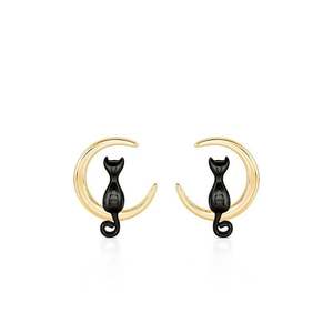 Boucles d'oreilles clous Jeulia Black Cat Moon Gold - Adorables boucles d'oreilles créoles religieuses avec zircon, perle et diamant - Product Image 1