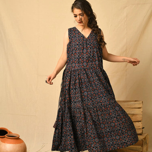 Bohemian Ajrakh impreso 100% algodón Maxi hecho a mano étnico largo volante motivo geométrico para Rust Fusion Indigo Casual al aire libre - Product Image 1