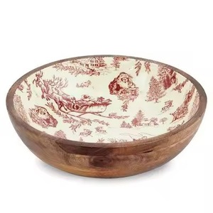 Bol de service décoratif en bois naturel écologique, imprimé émail, poli avec une technique artisanale pour les salades et les fêtes, durable - Product Image 1