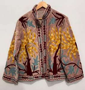 Hand Embroidered Floral Breathable <b>Velvet</b> Suzani <b>Jacket</b> with Stand Collar for <b>Women</b> Ethnic Uzbek Tribal Outerwear Wholesale - Product Image 3
