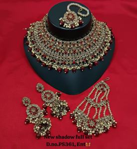 Traditionnel Antique fait à la main CZ fil clouté travail Patwa indien colliers boucles d'oreilles et vêtements de tête pour femmes et filles ensembles de bijoux - Product Image 3