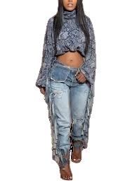 Conjunto de Dos Piezas de Mezclilla para Mujer, Diseño Personalizado, Color Liso, Top Corto, Corte Ajustado, Color Azul, Patchwork - Product Image 4