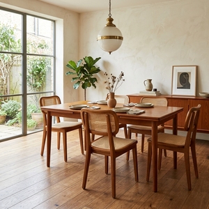 Chaise de salle à manger moderne en rotin naturel et bois massif, avec cadre en teck artisanal et dossier en cannage, pour cuisine et café - Product Image 4