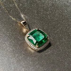5.5 Carats Cushion Cut Lab Grown Colombian Emerald And Diamond Women <b>Necklace</b> / 14k Gold Women Gift <b>Necklace</b> / Anniversary Gift - Product Image 1