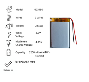 Литий-полимерный аккумулятор 603450 с 2 проводами, 603450-2, 1200 мАч, 3.7В, с сертификатом UN38.3 MSDS, перезаряжаемый, для MP3, MP4, TWS-колонок - Product Image 3