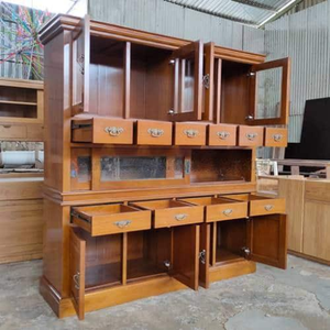 Wooden Sideboard Cabinet Glass Door <b>Storage</b> Console Living Room Buffet Cabinet <b>with</b> <b>Drawers</b> and Fluted Panel - Product Image 3