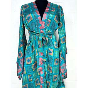 Recycled Vintage Silk Sari <b>Robe</b> Boho Geometric House Kimono Dressing Gown <b>Beach</b> Coverup Anniversary Gift for Her Swimsuit - Product Image 2
