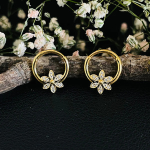 14K Solid <b>Gold</b> Natural Diamond Floral Daith Piercing Fine Jewelry. - Product Image 1