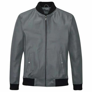 Chaqueta con Cremallera para Hombre, Chaqueta Bomber de Cuero Gris Clásica y Ligera con Cuello, Puños y Dobladillo Acanalados para Uso Casual - Product Image 3