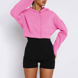 Vente en gros de sweat-shirts à capuche courts pour femmes, couleur rose unie, tissu polaire respirant et écologique, vêtements décontractés, couleurs et tailles personnalisables - Product Image 3