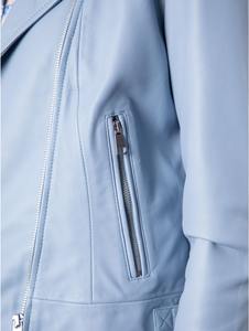 Blouson aviateur en cuir véritable bleu clair pour femme, fermeture éclair asymétrique, doublure en coton respirant, vêtement d'extérieur tendance pour l'hiver - Product Image 5