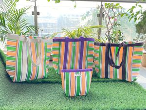 Eco-Friendly Reusable <b>Nylon</b> Beach <b>Bags</b> RPET <b>Zipper</b> Handloom Woven Recycled Plastic Fashionable Striped Logo Travel-Ready - Product Image 2