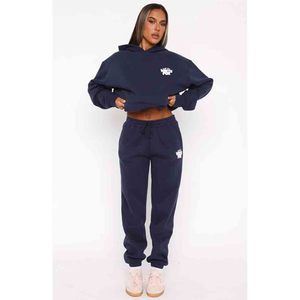 Conjunto de Sudadera con Capucha Larga Bordada de 2 Piezas para Mujer, Diseño Sólido con Estampado de Amor Siempre, Color Azul Marino - Product Image 1