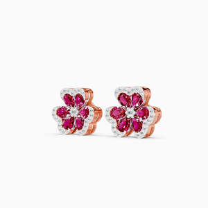 Boucles d'oreilles à fleurs plaquées or rose avec zircon rouge et accents de diamants pour femmes, cadeau de bijoux romantique - Product Image 4