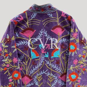Abrigo de Terciopelo Morado con Bordado Floral a Mano, Cuello Mandarín, Manga Larga, Talla Grande, Ropa de Abrigo Casual para Mujer, Otoño - Product Image 4