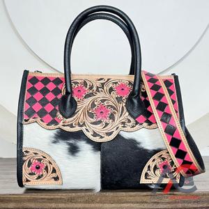 Sac fourre-tout en cuir à carreaux rose et noir, fait main, tendance 2026, en cuir de vachette de qualité supérieure, sac à bandoulière pour femmes - Product Image 1