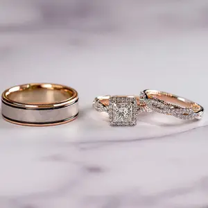 Chất Lượng Tốt Nhất Sang Trọng 3 Cái/bộ Kim Cương Hình Học Finger Nhẫn Mạ Vàng Cubic Zircon Nhẫn Cho Đám Cưới/