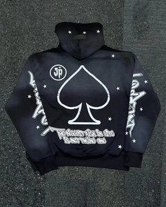 Conjunto de chándal de invierno de algodón para hombre Sudadera con capucha desgastada estampada con pantalones de chándal acampanados Estilo lavado con ácido desteñido al sol - Product Image 4