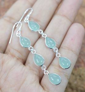 Boucles d'oreilles pendantes en argent sterling 925 plaqué or avec calcédoine aqua, faites à la main, bijoux en pierre bleue pour femme, cadeau, vente en gros - Product Image 6