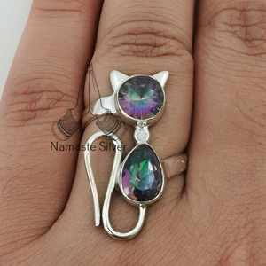 Mystic Topaz Dual Gemstone <b>Statement</b> Cat <b>Ring</b> Handmade Sterling Silver 18K for Birthday Christmas Valentine's Day Gift - Product Image 2
