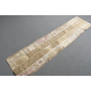 Turkish Vintage Rug, 1.8x7.4 ft Rug, <b>Brown</b> Striped <b>Wool</b> Rug - Product Image 3