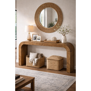 โต๊ะคอนโซลหรูหราทันสมัย 70.9 นิ้ว สไตล์ฟาร์มเฮาส์ ทำจากไม้โอ๊คแท้ สำหรับทางเข้าบ้าน ปรับเปลี่ยนรูปแบบได้ มุมโค้งมน พร้อมกระจกตกแต่ง - Product Image 4