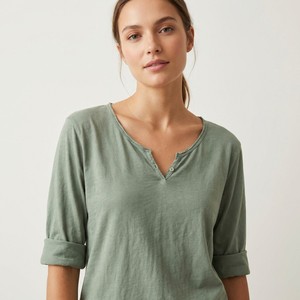 Camiseta Ligera, Transpirable, Casual, Sencilla, Cuello Henley, Manga Larga, Lisa, 100% Algodón - Product Image 1