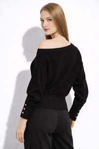 Elegante Suéter de Punto para Mujer con Cuello Barco y Manga Murciélago - Top Holgado con Cintura Acanalada y Puños con Botones Dorados - Product Image 4