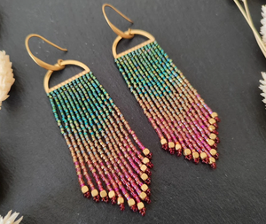 Handmade Ombre Fringe <b>Earrings</b> "Odoti" in Green and <b>Red</b> Colors - Product Image 1