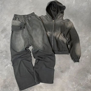 Acid Wash Winter Streetwear Sweat Suits Zip-Up Sun-Faded Hoodies & <b>Sweatpants</b> <b>Sets</b> 100% Cotton Breathable Quick Dry - Product Image 1