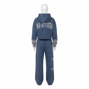 Conjunto de Sudadera Corta Azul con Efecto Ácido y Pantalones Jogger de Pierna Ancha para Mujer, de Algodón y Felpa, Estilo Urbano, Venta al por Mayor OEM - Product Image 3