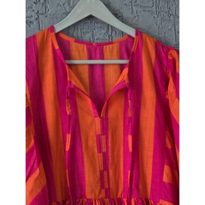 Robe longue bohème à rayures rouges, taille empire, respirante, style vintage, avec volants drapés, taille unique, idéale pour les occasions de jour au printemps - Product Image 4