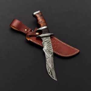Cuchillo de Caza Premium Hecho a Mano, Cuchillo de Hoja Fija para Bushcraft, Acero de Damasco, Cuchillo de Supervivencia para Campamento al Aire Libre con Funda de Cuero - Product Image 3