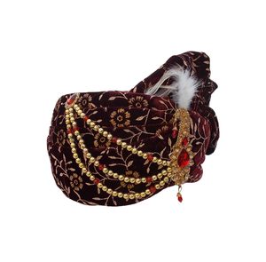 Mens Flower Bail Printed Velvet Traditional Ethnic Safa/<b>Turban</b>/Pagdi/Pagri & Shawl (Maroon Color, <b>Turban</b> Size: 22 to 22.5 Inch) - Product Image 3