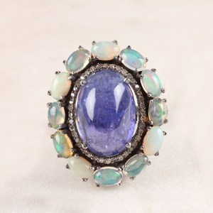 Elegant 925 Sterling Silver Tanzanite <b>Opal</b> Cabochon Wedding <b>Ring</b> Vintage Dainty Statement Diamond Jewelry for Anniversary Gift - Product Image 2