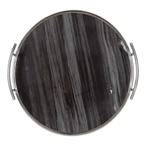 Kate and Laurel Marbury Plateau décoratif rond avec poignées en métal Marbre gris et plateau de service rond en métal argenté avec poignées - Product Image 6
