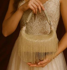 Luxury <b>Gold</b> Beaded Fringe Shoulder <b>Bag</b> for <b>Women</b>, Handcrafted Bridal & Party Purse, Long Bead Tassels and Statement Handle - Product Image 3